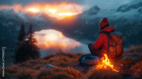 A lone traveler seated by a campfire  overlooking a mountain lake at sunset  immersed in the tranquility of nature.