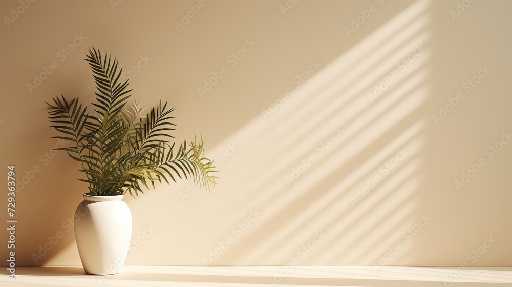 Minimalistic abstract gentle light beige background for product presentation with light andand intricate shadow from the window and vegetation on wall Minimalistic abstract gentle light beige background for product presentation with light andand intricate shadow from the window and vegetation on wall