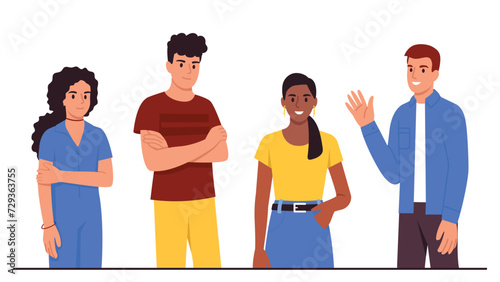 Vector illustration of young boys and girls standing. Cartoon scene of light-skinned and dark-skinned boys and girls standing in different poses and gestures isolated on a white background.