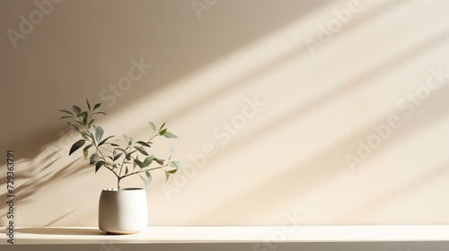 Minimalistic abstract gentle light beige background for product presentation with light andand intricate shadow from the window and vegetation on wall © Tahir