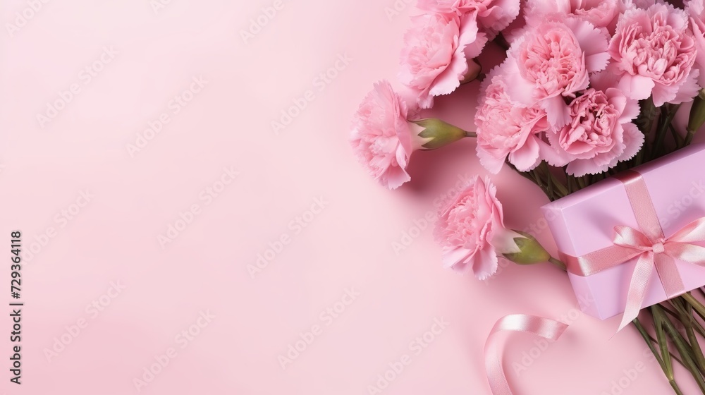 Mothers day design concept - top view of a bunch of carnation, gift box on pink background for wedding and valentines day with copy space for mock up Mothers day design concept - top view of a bunch of carnation, gift box on pink background for wedding and valentines day with copy space for mock up