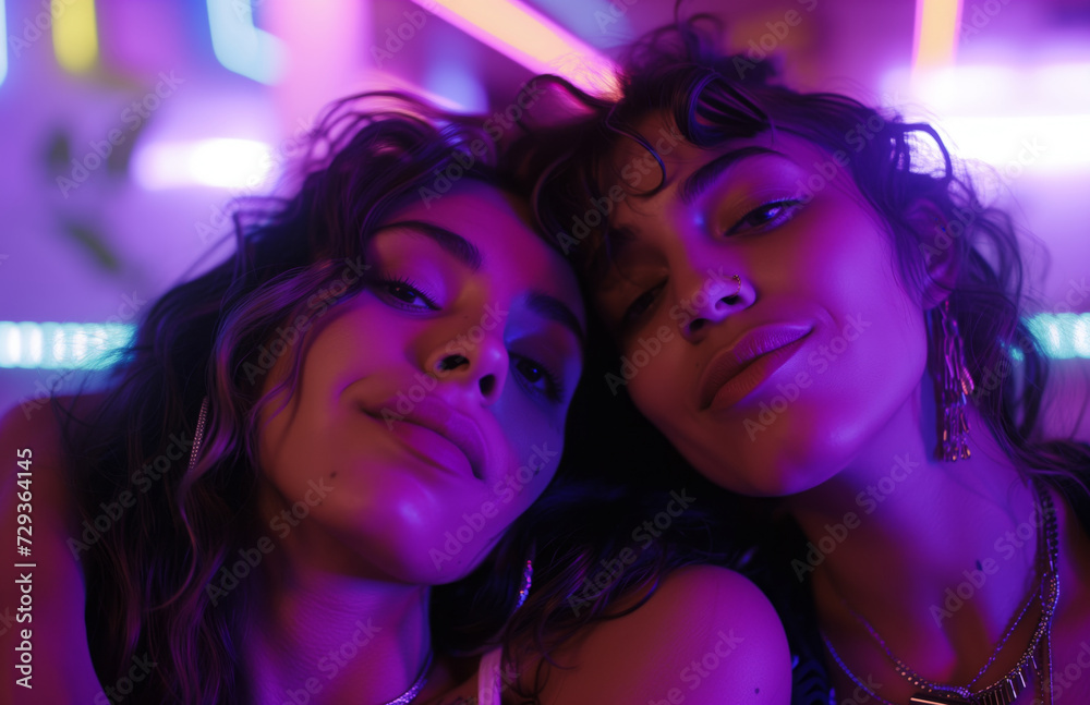 Close-up of two women with joyful expressions, bathed in vibrant neon light, sharing a close and friendly moment.