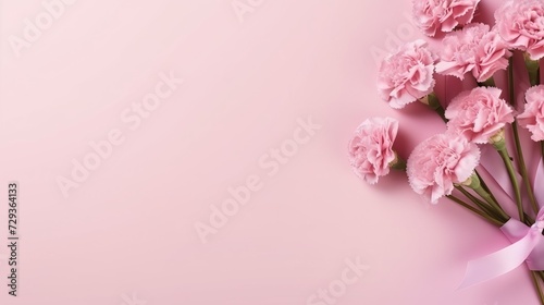 Mothers day design concept - top view of a bunch of carnation, gift box on pink background for wedding and valentines day with copy space for mock up © Tahir