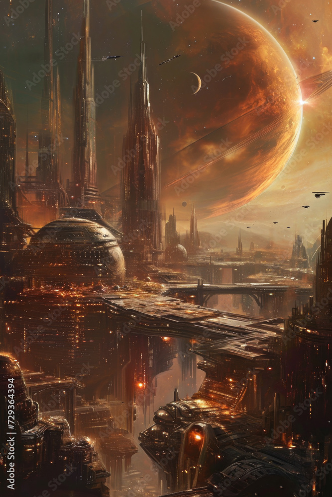 Fototapeta premium An image showing a futuristic city with some buildings and a planet in the background.