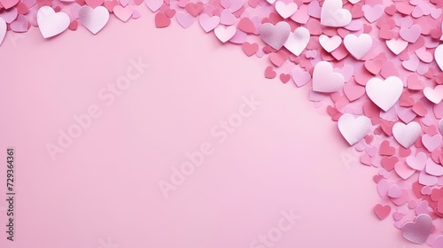 Pink background with glitter hearts for valentine's day. Beautiful wrapping paper or background for a postcard. Place for text, banner for website © Tahir