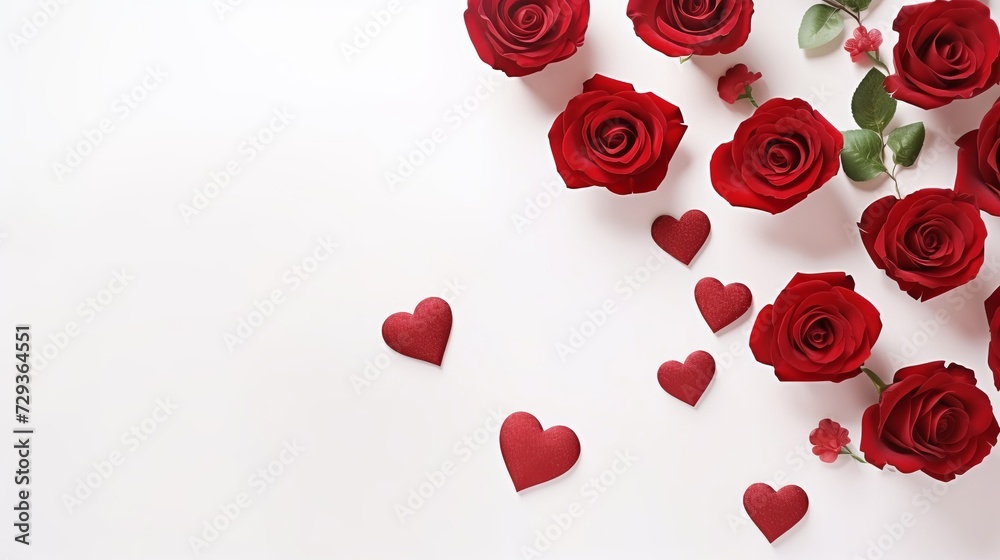 Red roses and heart shape ornaments on white background Red roses and heart shape ornaments on white background