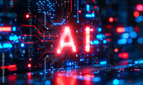 Futuristic AI technology concept with 'AI' text illuminated on a circuit board, representing artificial intelligence, machine learning, and advanced computing