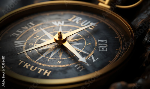 Conceptual compass with golden needle pointing to the word TRUTH symbolizing the pursuit of truth and integrity in direction and guidance photo