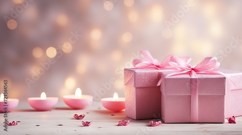 Pink gift boxes, paper hearts and candles on white grunge background. Valentine's Day celebration © Tahir