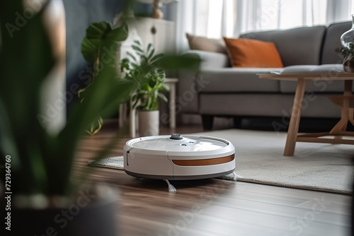 Robotic vacuum cleaner on wooden floor near living room carpet with green plants in background.