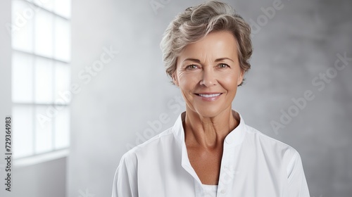 Smiling mature female physician with hands in pockets standing against wall with shadow photo