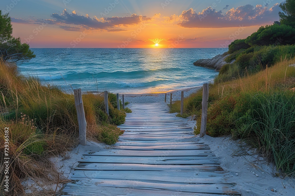 Golden Sunrise Over Ocean A Wooden Pathway Leading Through Sand Dunes Adorned with Beach Grass to a Serene Seascape