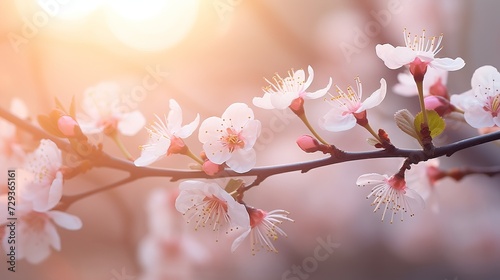 Spring blossom background. Beautiful nature scene with blooming tree and sun flare. Sunny day. Spring flowers. Beautiful Orchard. Abstract blurred background. Springtime