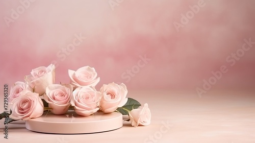 Suitable for Product Display and Business Concept. Modern aesthetic. Product podium and fresh pink rose flowers on pastel pink background. Elegant beauty concept