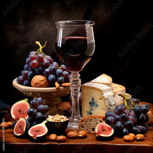 a glass of wine, grapes, nuts, and cheese