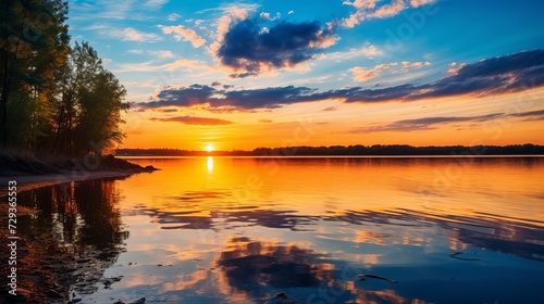 Sunset at coast of the lake. Nature landscape. Nature in northern Europe. reflection, blue sky and yellow sunlight. landscape during sunset © Tahir