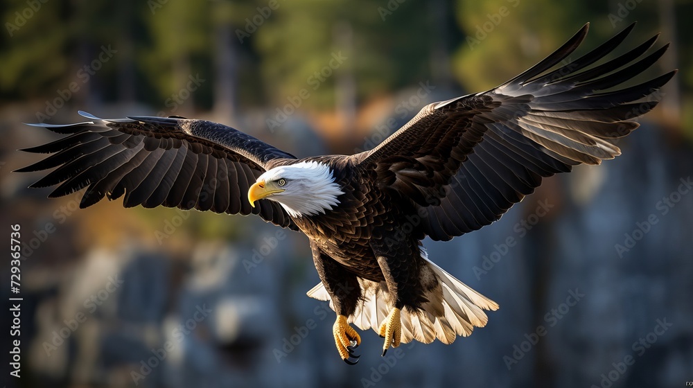 The American Bald Eagle in flight as it returns to its California habitat The American Bald Eagle in flight as it returns to its California habitat