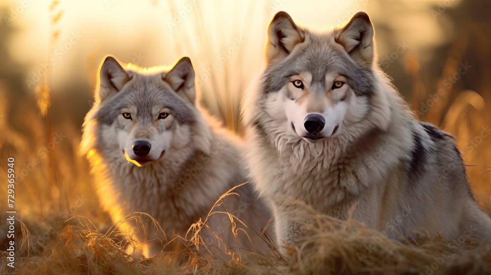 Two wolves - Canis lupus hidden in a meadow. Wildlife scene from Poland nature. Dangerous animal in nature forest and meadow habitat. Gray wolf in the morning light. Family