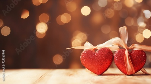 Two red handmade wooden hearts and ribbons on golden bright glitter lights bokeh background Valentines day