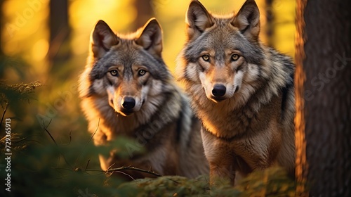 Two wolves - Canis lupus hidden in a meadow. Wildlife scene from Poland nature. Dangerous animal in nature forest and meadow habitat. Gray wolf in the morning light. Family