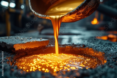 The process of molten gold being carefully poured into a mold at a foundry, capturing the creation of a gold bar. photo
