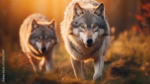 Two wolves - Canis lupus hidden in a meadow. Wildlife scene from Poland nature. Dangerous animal in nature forest and meadow habitat. Gray wolf in the morning light. Family © Tahir