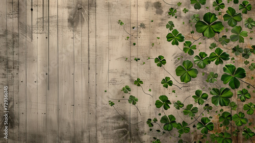 Festive green natural background with clover leaves on wooden background for St. Patrick's Day - AI Generated