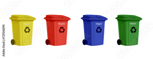 yellow, red, blue, green recycle bins with recycle symbol isolated on transparent white background