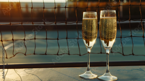 Cinematic wide angle photograph of two glasses of champagne at a tennis court. Product photography.