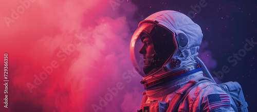 Close-up of an astronaut clad in a space suit, set against a vibrant cosmic nebula with hues of pink and blue.