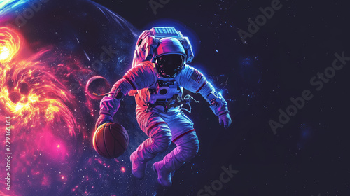 An astronaut effortlessly dribbles a basketball in the midst of a colorful cosmic nebula with a fiery sun and planets in the distance.