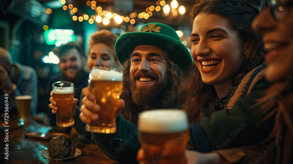 Group of friends toasting with beer in pub. St. Patrick's Day celebration - AI Generated  - obrazy, fototapety, plakaty 
