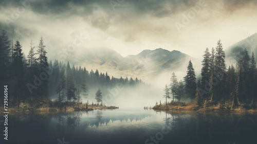 Misty mountain landscape the forest with lake morning, generative AI. © Thodsapol