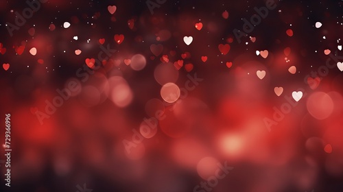 Valentine's Day red and black Background. Holiday Blinking Abstract Valentine Backdrop with Glowing Hearts. Heart Shape Bokeh. Love concept. Valentines art vivid design. Romantic wide