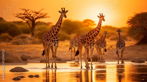 Vertical landscape with herds of Giraffes and group of antelopes in the natural habitat  view of wildlife in savannah of Africa. Wild African animals on a waterhole in Etosha National Park 