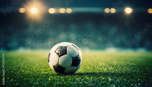 Football or soccer ball lying on the playing field in a large stadium. Arena stands with spectators and spotlights in background. Copy Space, text space, Soccer event invitation, banner © Travelstoxphoto