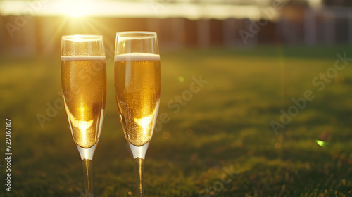 Cinematic wide angle photograph of two glasses of champagne at a soccer field. Product photography.