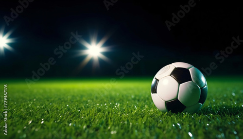 Football or soccer ball lying on the playing field with dramatic dark background.  Spotlight in background. Copy Space, text space, Soccer event invitation, banner © Travelstoxphoto