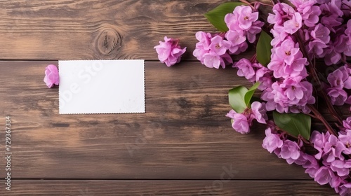 Vintage card 8 march happy womens day on wooden texture table next to purple bougainvillea flower.