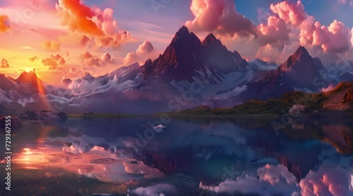 Magical landscape, motion graphics. beautiful flowing clouds, sunset, mountains and lake. Fantasy style nature background