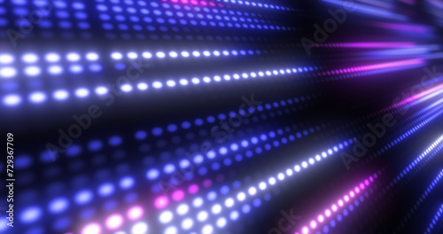 Abstract bright purple background pattern of flying lines of dots and glowing circles of futuristic digital energy magical bright particles