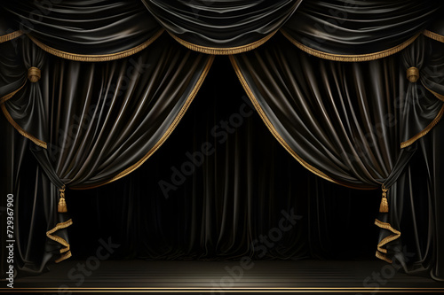 Black velvet curtain stage with golden drapery - Ai Generated