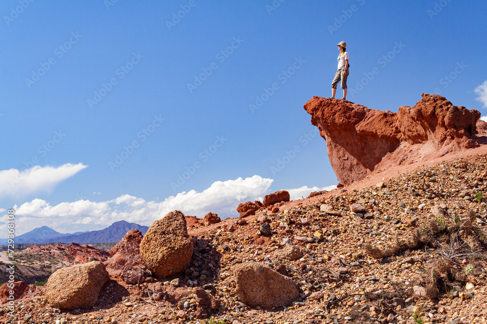 Frau auf Sandsteinfelsen, Aussicht, Quebrada de las Conchas, Region Salta, Argentinien, Südamerika