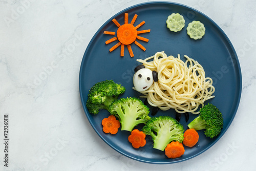 Funny kids food idea, cute sheep made of spaghetti pasta