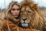 Woman and Lion in a Close-Up Portrait