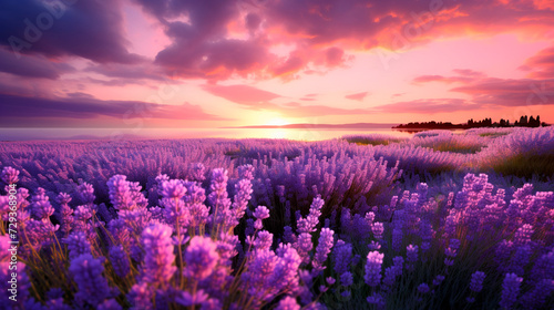 a field of lavenders with a sunset in the background