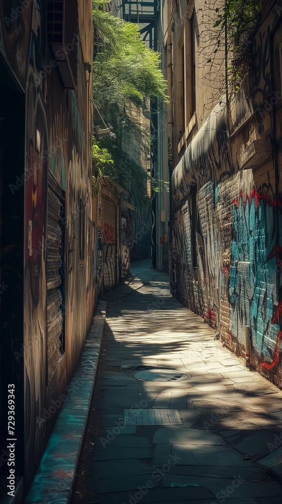 Fototapeta premium Vertical shot of a narrow street with grunge walls on both sides, filled with graffiti, street art, and signs of decay, early morning light casting shadows