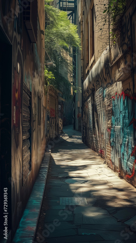 Vertical shot of a narrow street with grunge walls on both sides, filled with graffiti, street art, and signs of decay, early morning light casting shadows