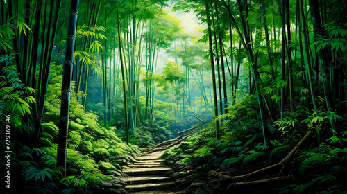 a path through a bamboo forest with a bench