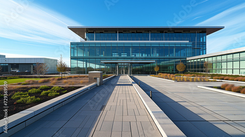 Modern Office Building Showcasing Elegant Design and Materials Against a Blue Sky: Contemporary Workplace Architecture